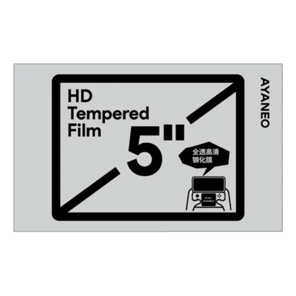 A product graphic for an AYANEO Pocket DS screen protector featuring "HD Tempered Film" in bold text. The image shows a "5-inch" label, indicating it is designed for the device's secondary display. A small line drawing illustrates a user holding the dual-screen handheld with the protector applied to the bottom screen.