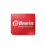The logo for Biwin Storage Technology, featuring a stylized white "B" and the text "Biwin Storage Technology" in white on a glossy red, square card, set against a dark green background.