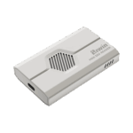 Angled isometric view of the white Biwin Mini SSD Reader, showing the central hexagonal ventilation grille, the USB-C port on the bottom edge, and the gray branding logo on the face.