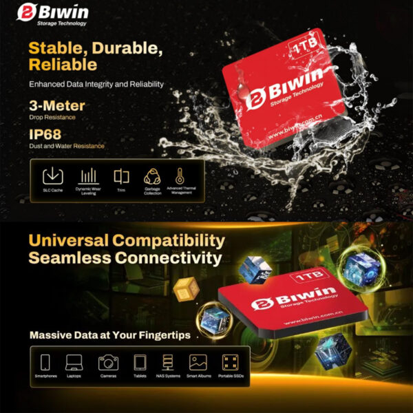 A split-view promotional graphic focusing on the speed and ease of installation of the Biwin Mini SSD. The top panel shows the 1TB red SSD card on a hyper-speed road background, advertising its speed with PCIe 4.0 x2 interface, 3700MB/s sequential read, and 3400MB/s sequential write. The bottom panel illustrates the installation process of the tiny red SSD card into a device's slot, showing "Insert" and "Eject" diagrams.