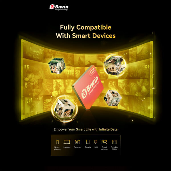A promotional graphic highlighting the compatibility of the Biwin Mini SSD. The image shows a 1TB red SSD card floating in a golden, arched display area surrounded by cubes representing digital content. The title reads "Fully Compatible With Smart Devices". The bottom lists several compatible device categories with icons, including Smartphones, Laptops, Cameras, Tablets, NAS, Smart Albums, and Portable SSDs.