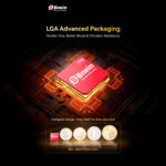 A promotional graphic emphasizing the small size and LGA Advanced Packaging of the Biwin Mini SSD. The 1TB red SSD card is magnified and placed on a bed of gold-glowing circuitry. The bottom features a comparison chart showing the tiny SSD is "Only Half the Size of a Coin" when compared to a British pound, a Euro, a Chinese Yuan coin, and a US dollar. Its size is specified as 15mm x 17mm x 1.4mm.