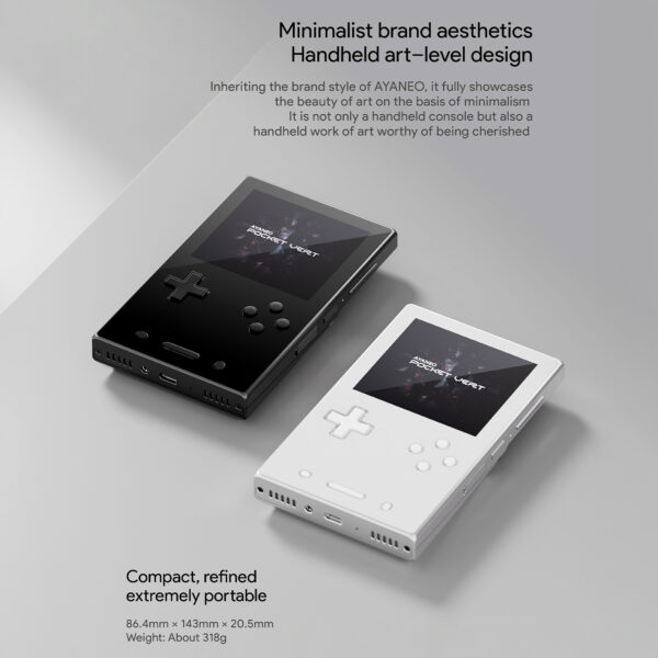 AYANEO Pocket VERT vertical handheld gaming console overview showing front and back views with key features including a 3.5-inch high-resolution display, full metal CNC body, and 6000mAh battery.