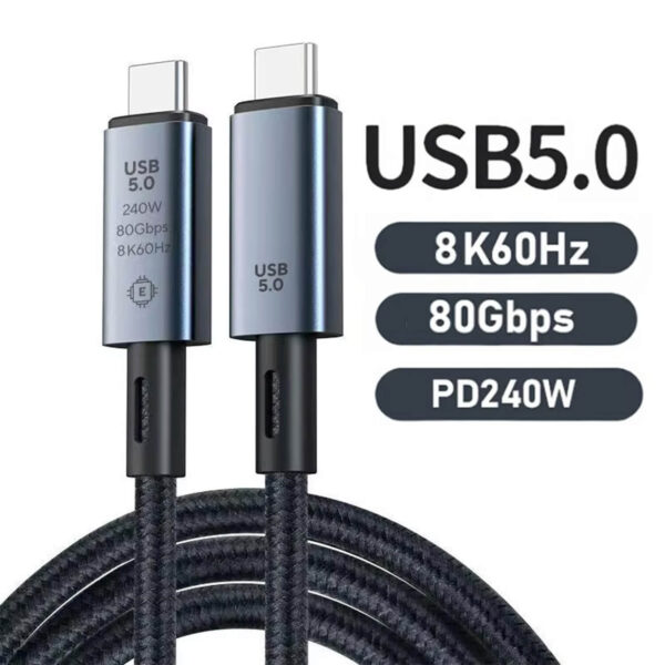 Focus: Feature Summary (Hero Image) Visual: Similar to Image 01, but with large text "pills" on the right side. Key Info: Big, bold labels for USB 5.0, 8K60Hz, 80Gbps, and PD240W.