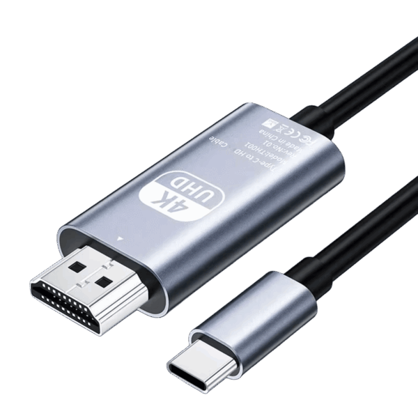 A studio photograph displays a metallic silver colored Type-C to HD adapter cable against a black background. The main body of the adapter features text in English: “4K UHD Type-C to HD Cable Model TH001 Rev: No.01 Made in China” alongside CE, WEEE, and FCC symbols. Connected to this metallic body are an HDMI male connector on one end and a black insulated cable on the opposite end. Additionally, a separate Type-C male connector, with its matching silver housing, is shown below the main body, also with its cable partially visible. All connections feature black heat shrink or plastic where the cables meet the connectors.