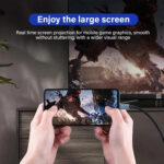 A lifestyle image titled "Enjoy the large screen" showing a person holding a smartphone horizontally while playing a high-action video game. The phone is connected via a USB-C cable to a large TV in the background, which mirrors the same game graphics. The text describes "Real time screen projection for mobile game graphics, smooth without stuttering, with a wider visual range".