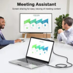 A lifestyle image titled "Meeting Assistant" showing two men in professional attire sitting at a white conference table. A laptop on the table is connected by a cable to a large flat-screen TV mounted on the wall. Both the laptop and the TV display a "FLOW CHART" infographic with four steps. The subtitle reads, "Screen sharing for easy viewing of meeting content".