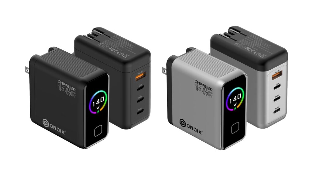 DROIX 140W USB-C wandoplader verkrijgbaar in zwart en zilver