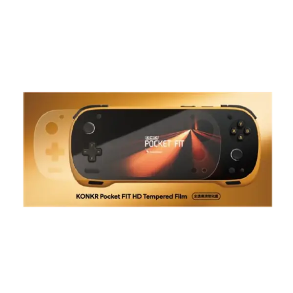 KONKR Pocket Fit Screen Protector on gold box, front view with black handheld console graphic and glossy tempered film