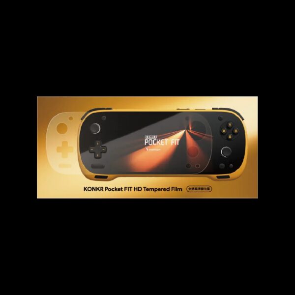 KONKR Pocket Fit Screen Protector on gold packaging, front view with handheld console graphic and glossy film overlay