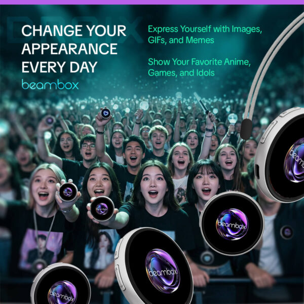 A large, excited crowd at a concert or event holds up circular BeamBox eBadges. The foreground features several floating badges showing the purple beambox logo. Text overlay reads "Change your appearance every day" and suggests using the badge to show favorite anime, games, and idols.