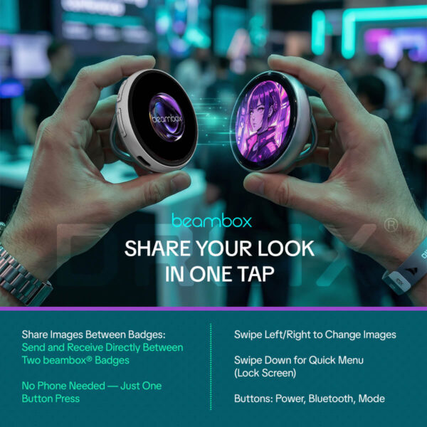 Two hands hold two BeamBox eBadges facing each other, with digital light streaks connecting them to show data transfer. One shows the logo and the other an anime girl. The text explains that users can share images directly between badges with one button press, no phone needed.