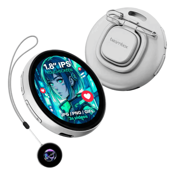 A white electronic badge with a round screen showing a blue, green, and red anime-style girl is shown. The screen displays text that reads "1.8” IPS TOUCHSCREEN" and "JPG / PNG / GIFS 3S videos" with small red heart icons to its side. A metal clip is attached to the back of the device. The device is hanging on a gray string attached to another smaller round device that is black with a glowing blue, purple, and green pattern in the center. The overall shape and color of the devices are reminiscent of round watches.