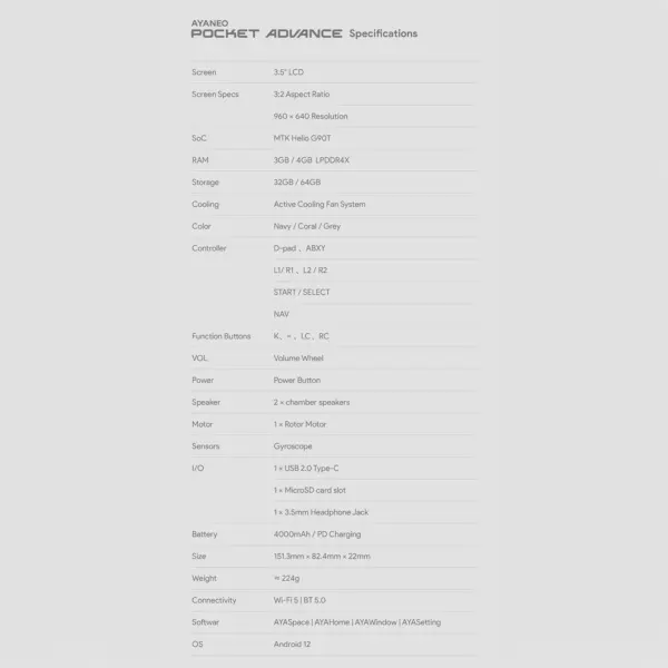 Front-facing KONKR Pocket Advance specifications chart on matte light grey background, with 3.5-inch LCD and Helio G90T