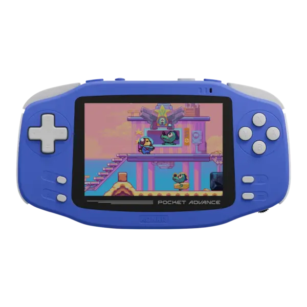 Front view of KONKR Pocket Advance smooth navy retro gaming handheld with grey controls and pixel game screen