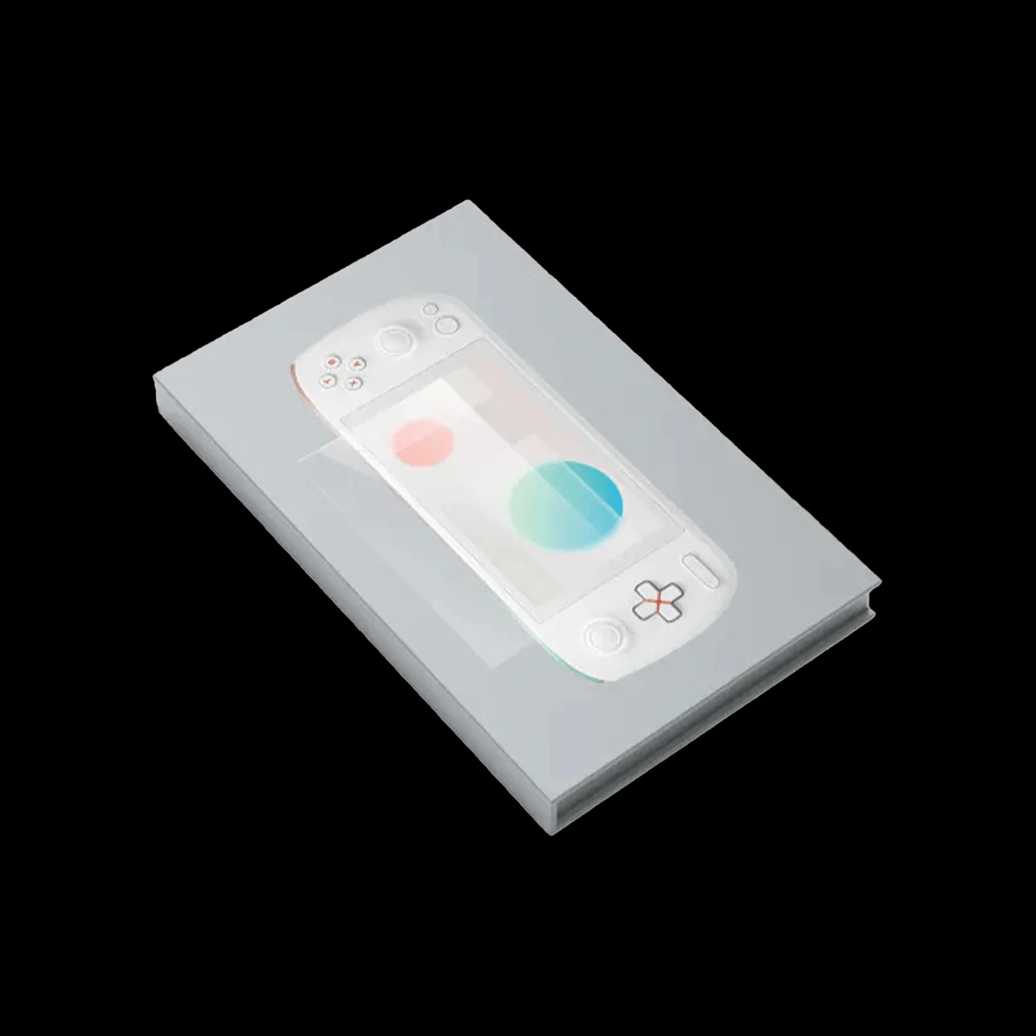 A light gray box for the AYANEO Pocket S screen protector, featuring a stylized, translucent graphic of the white handheld co