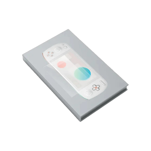 A light gray box for the AYANEO Pocket S screen protector, featuring a stylized, translucent graphic of the white handheld co