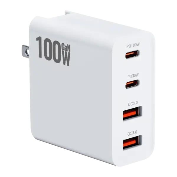 DROIX 100W 4Ports USB Charger in matte white, angled view with GaN 100W text and four red-accent ports
