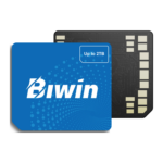 Blue Biwin CL100 Mini SSD card shown front and back side by side on white, with label and gold contacts visible