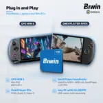 Blue Biwin CL100 Mini SSD card in front of GPD WIN 5 and OneXPlayer APEX handhelds, compatible devices and RD510 reader