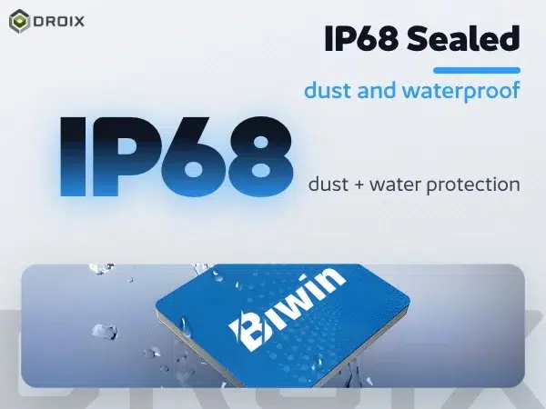 Blue Biwin CL100 Mini SSD card splashed with water on a rock, large IP68 figure for dust and water protection