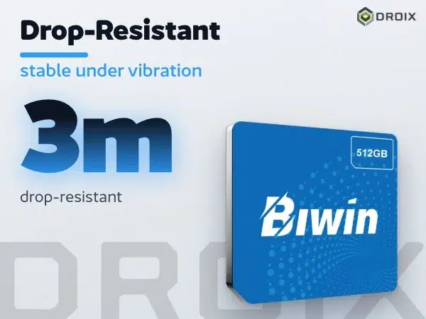 Blue Biwin CL100 Mini SSD card front angled left with 512GB badge, large 3m drop-resistant figure and vibration stability