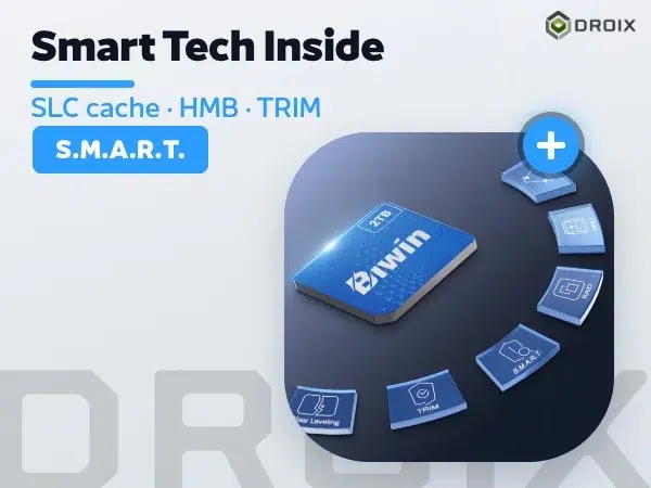 Blue Biwin CL100 Mini SSD card with floating tech tiles for SLC cache, HMB, TRIM, wear levelling and S.M.A.R.T.