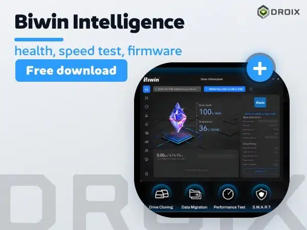 Blue Biwin CL100 Mini SSD card with Biwin Intelligence app screenshot showing drive health, speed test and firmware info