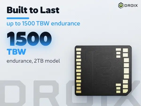 Blue Biwin CL100 Mini SSD card back with gold contacts, large 1500 TBW endurance figure for the 2TB model